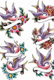 Όμορφη χρωματιστά μικρά ζώα τατουάζ πτηνών και λουλούδι τατουάζ χειρογράφων