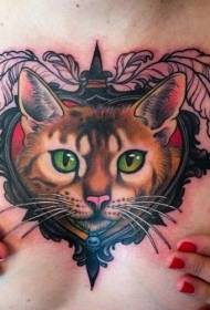 Forma do corazón do peito e patrón de tatuaxe na cabeza do gato