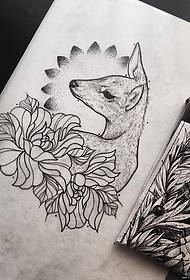 欧美school鹿花卉点刺纹身图案手稿