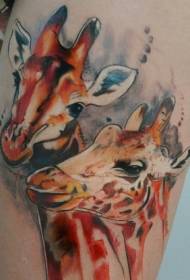 腿彩色墨水畫長頸鹿紋身圖案