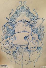 Сердитий малюнок рукопис татуювання корови троянди