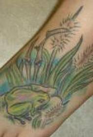 Patrón de tatuaje de rana verde en el pantano de color de pie