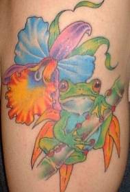 Leg colorful colorful frog with flower tattoo