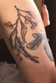 Girl calf on black gray point thorn simple line small fresh plant vine tattoo picture