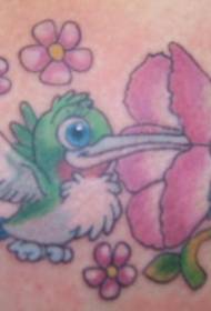 肩部彩色卡通蜂鳥與花紋身圖片