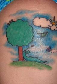 Диносаурски узорак тетоважа који слуша музику испод дрвета