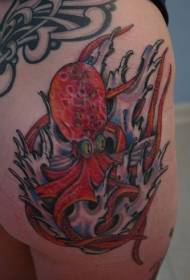 Red octopus tattoo with legs colored in the waves