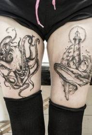 Octopus e metsu e ntšo le mela e meholo le tattoo e kholo ea lebone