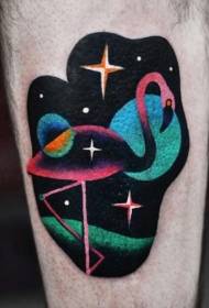 Beautiful cartoon little flamingo with night sky stars tattoo pattern