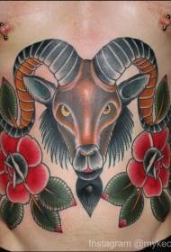 Male belly colored ram with flowers tattoo pattern