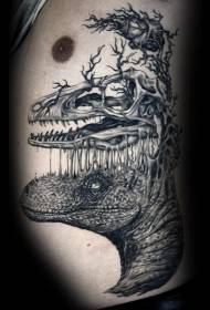 Surreal style black dinosaur skull and heart tattoo pattern