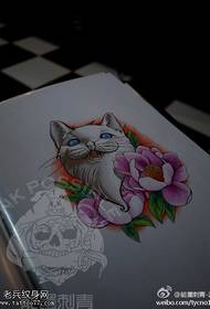 Գունավոր կատվի պեոնի դաջվածքի ձեռագիր նկար