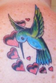 Cute hummingbird and heart shaped tattoo pattern