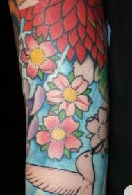 Arm white hummingbird and colored flowers tattoo pattern