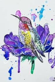 Dath splashing lámhscríbhinn patrún tattoo bláthanna hummingbird