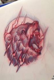 歐美學校熊頭閃電紋身圖案手稿