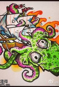 Farverig personlighed octopus sejler tatovering manuskript mønster
