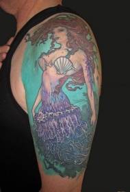 Shoulder color sea bottom mermaid tattoo pattern