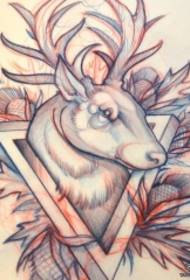 歐美麋鹿植物紋身圖案手稿