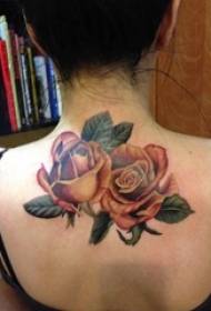 Girl back painted on gradient simple line plant flower tattoo picture