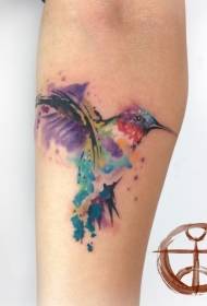 手臂水彩色飞溅蜂鸟纹身图片
