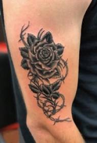 Schoolboy arm on black prick abstract lines creative plant flower rose tattoo picture