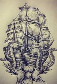 時尚美麗的帆船章魚花紋身手稿圖片圖片