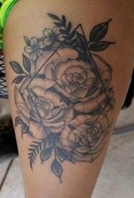 Male student calf on black gray point tattoo geometric diamond plant flower tattoo picture