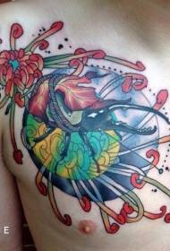 Цвет на гърдите симпатични насекоми и цветя татуировка модел