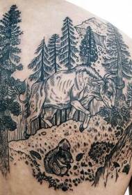 Fekete erdei tehén mókus tetoválás minta hátul gravírozás stílusban