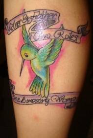 Leg color hummingbird and letter tattoo pattern