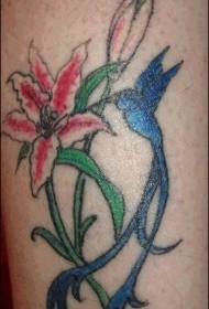 Blue long tailed hummingbird lily flower tattoo pattern