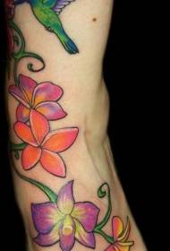 Imatge de tatuatge de colibrí i flor de vinya de color del peu