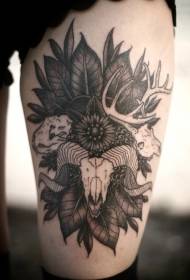 Leg black gray ram head with flower tattoo pattern