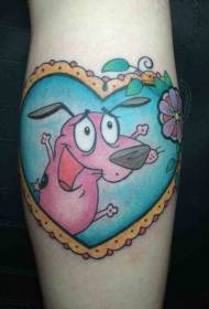 ピンクの漫画の犬とハート型フレームタトゥーパターン