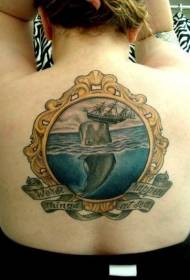 Female back color whale turn boat tattoo pattern