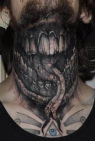 Man neck color horror style monster sticking tongue tattoo pattern
