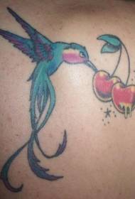 Shoulder colored long tailed hummingbird and cherry tattoo picture