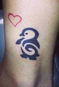 Hanka pinguino bihotz formako tatuaje eredu sinplea