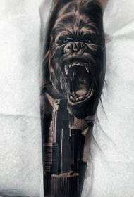 Arm black angry gorilla with city tattoo