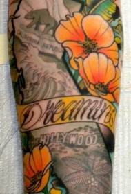 sweet memorial multicolored flower and animal letter arm Tattoo pattern