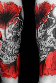 arm simple red flower with skull tattoo pattern