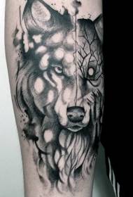 ramię czarny tajemniczy wilk z wzorem tatuażu gałązki