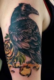 Big Black Raven and Yellow Rose Tattoo Pattern