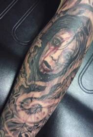 arm scary bloody girl and mysterious smoke tattoo pattern