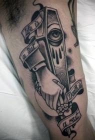 arm black and white combination of mysterious coffin and hand eye tattoo pattern