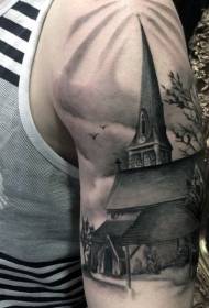 arm zeer realistisch realistische oude kerk zwart grijs tattoo patroon