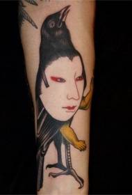 arm Asian style half face female half bird tattoo pattern