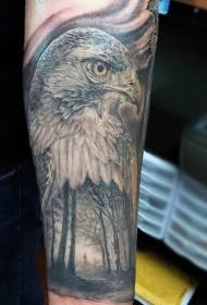 手臂令人惊叹的鹰与神秘森林纹身图案