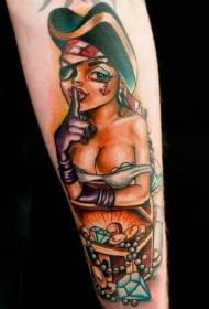 arm komisk vind sexy piratkvinne med juvel tatoveringsmønster
